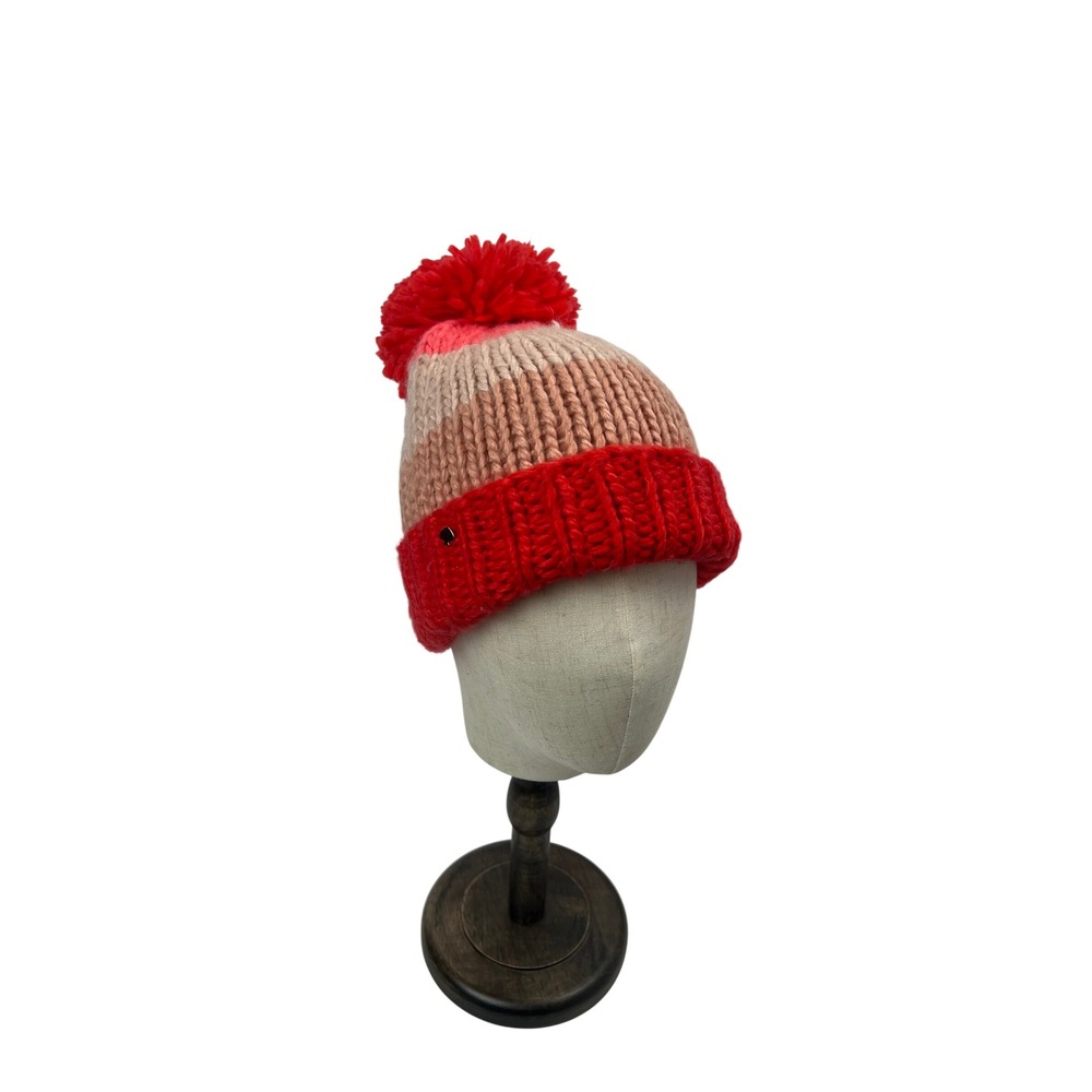Kate Spade New York‎ Pom Pom Beanie Hat Striped Wool Blend Red Pink - Picture 4 of 7